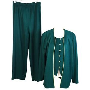 Vintage 90s Lindsey Scott Emerald Green Pant Suit Attached Vest Gold Buttons 14